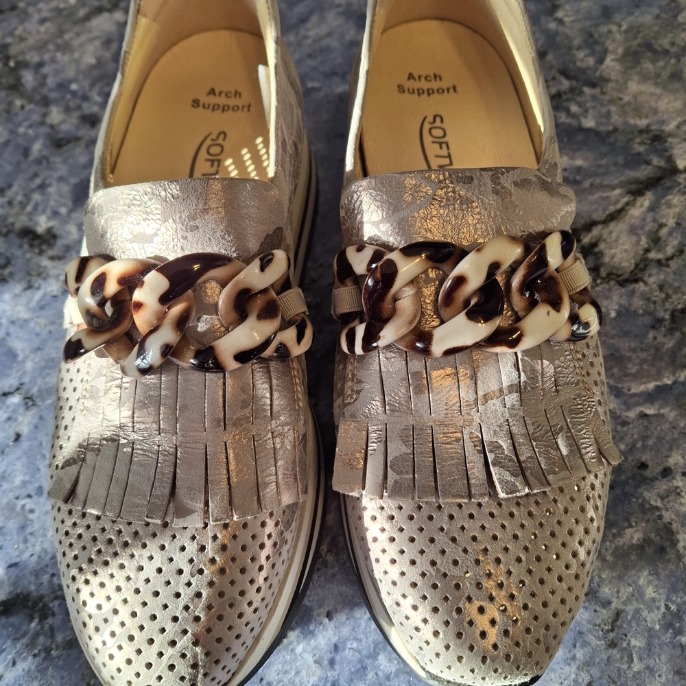 Soft Style Women's Gold Loafers with Tortoise Chain